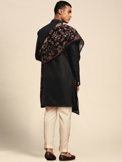 Men Black Solid Indowestern Trouser with Dupatta Set