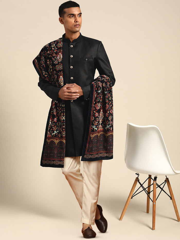 Men Black Solid Indowestern Trouser with Dupatta Set