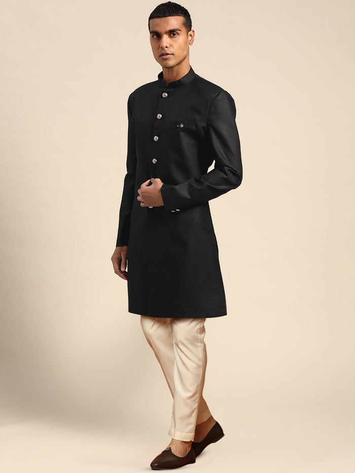 Men Black Solid Indowestern Trouser with Dupatta Set
