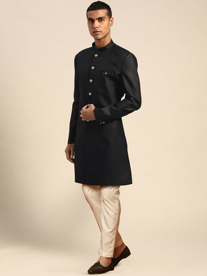 Men Black Solid Indowestern Trouser with Dupatta Set