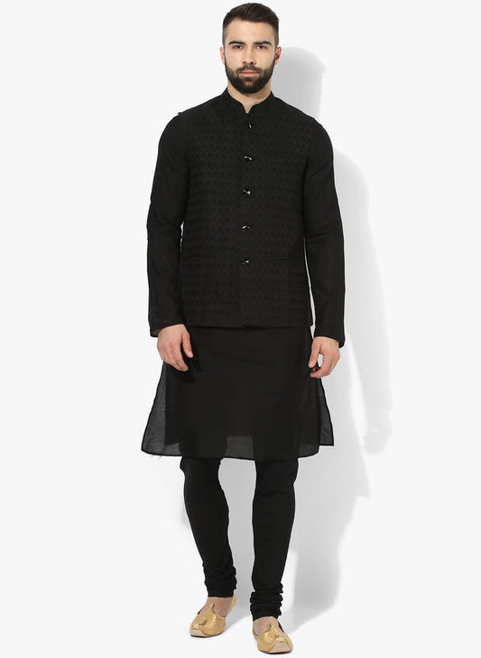 Men Black Textured Kurta Jacket Churidar Set