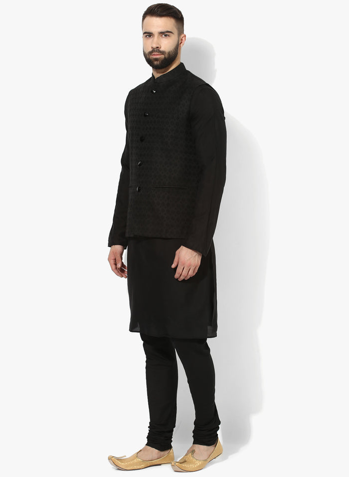 Men Black Textured Kurta Jacket Churidar Set