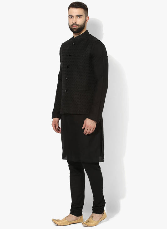 Men Black Textured Kurta Jacket Churidar Set
