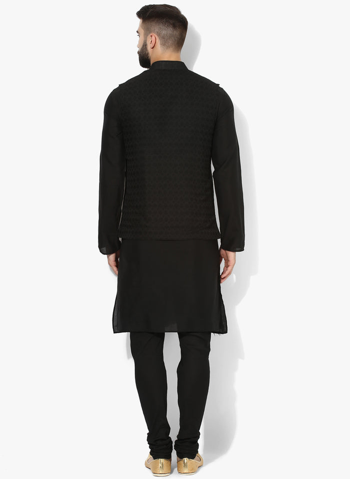 Men Black Textured Kurta Jacket Churidar Set