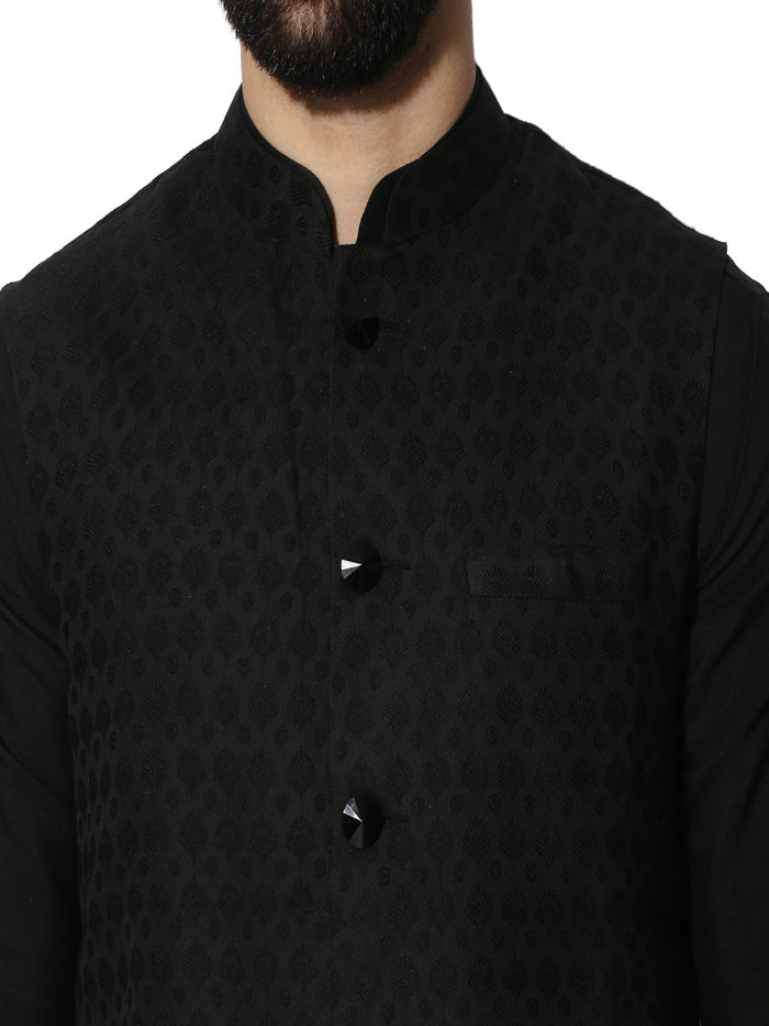 Men Black Textured Kurta Jacket Churidar Set
