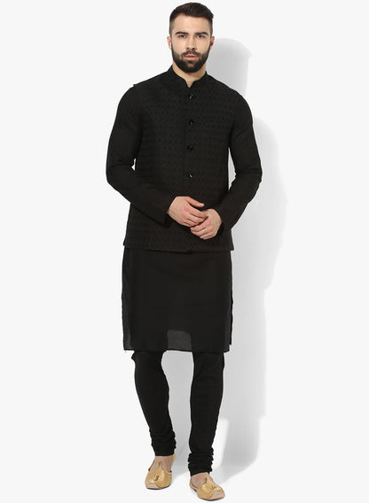 Men Black Textured Kurta Jacket Churidar Set