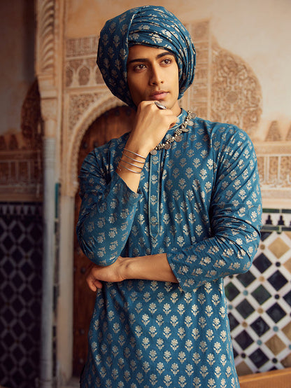 Men Blue Printed Kurta Dhoti Set