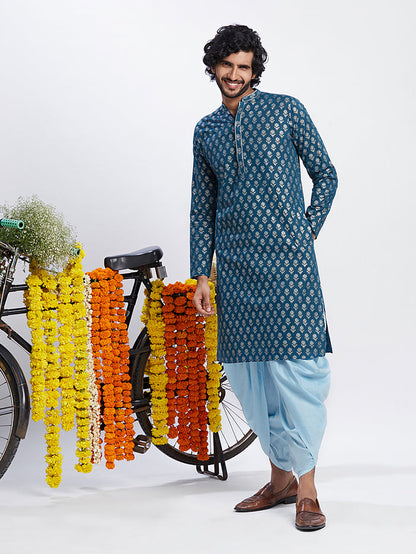 Men Blue Printed Kurta Dhoti Set