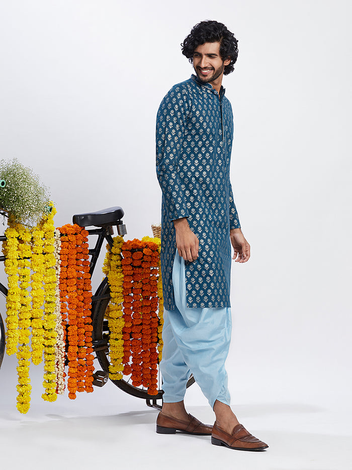 Men Blue Printed Kurta Dhoti Set