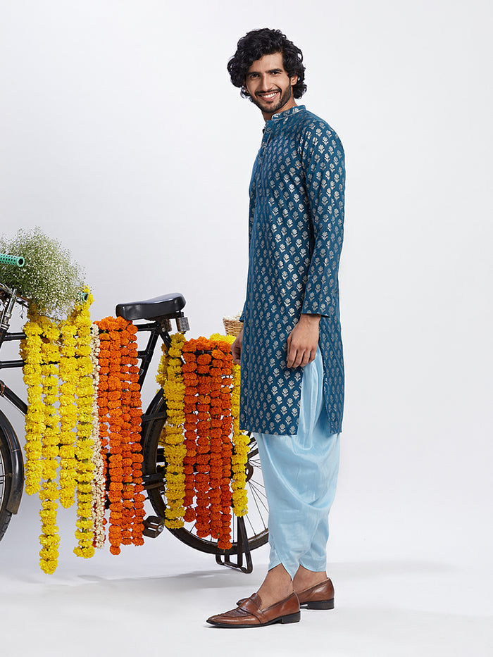 Men Blue Printed Kurta Dhoti Set