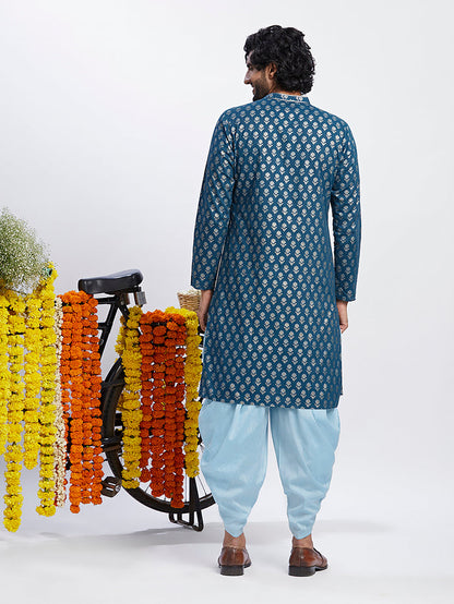Men Blue Printed Kurta Dhoti Set