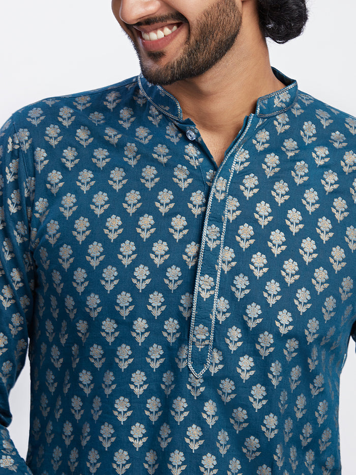 Men Blue Printed Kurta Dhoti Set
