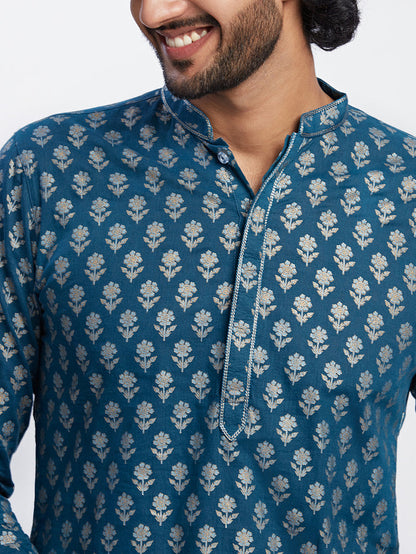 Men Blue Printed Kurta Dhoti Set
