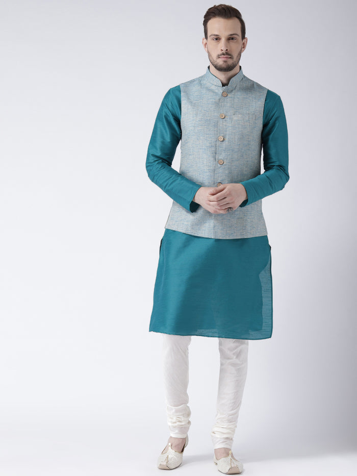 Men Blue Solid Kurta Jacket Churidar Set