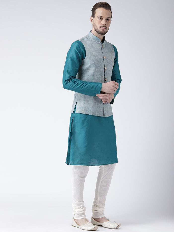 Men Blue Solid Kurta Jacket Churidar Set
