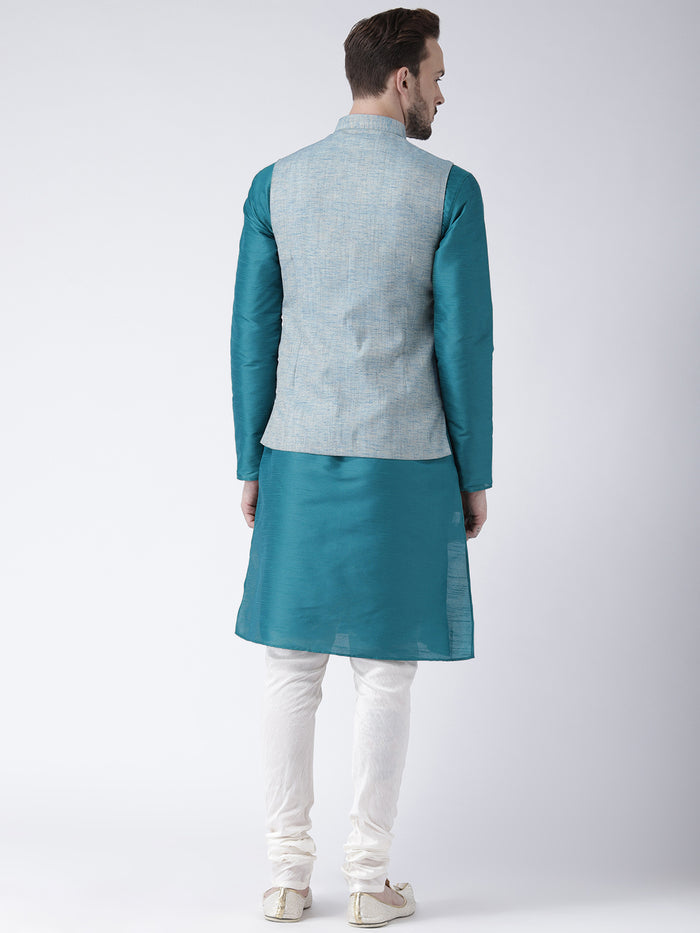 Men Blue Solid Kurta Jacket Churidar Set