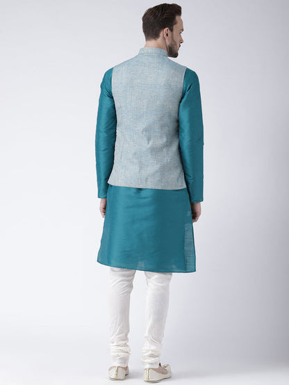 Men Blue Solid Kurta Jacket Churidar Set