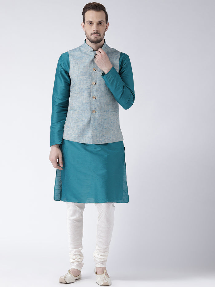 Men Blue Solid Kurta Jacket Churidar Set
