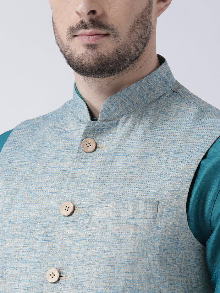 Men Blue Solid Kurta Jacket Churidar Set