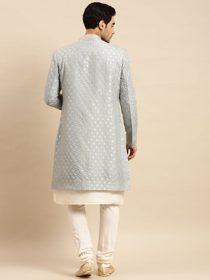 Men Blue Textured Kurta Indowestern Churidar Set