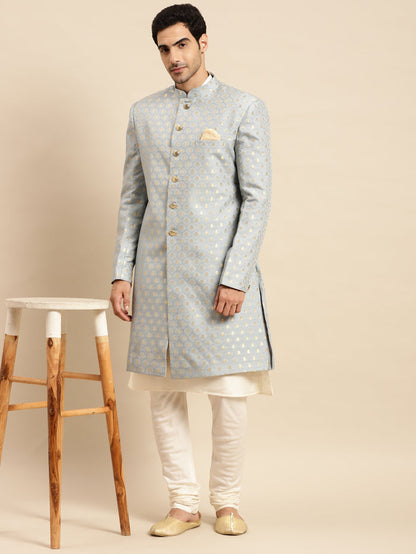 Men Blue Textured Kurta Indowestern Churidar Set