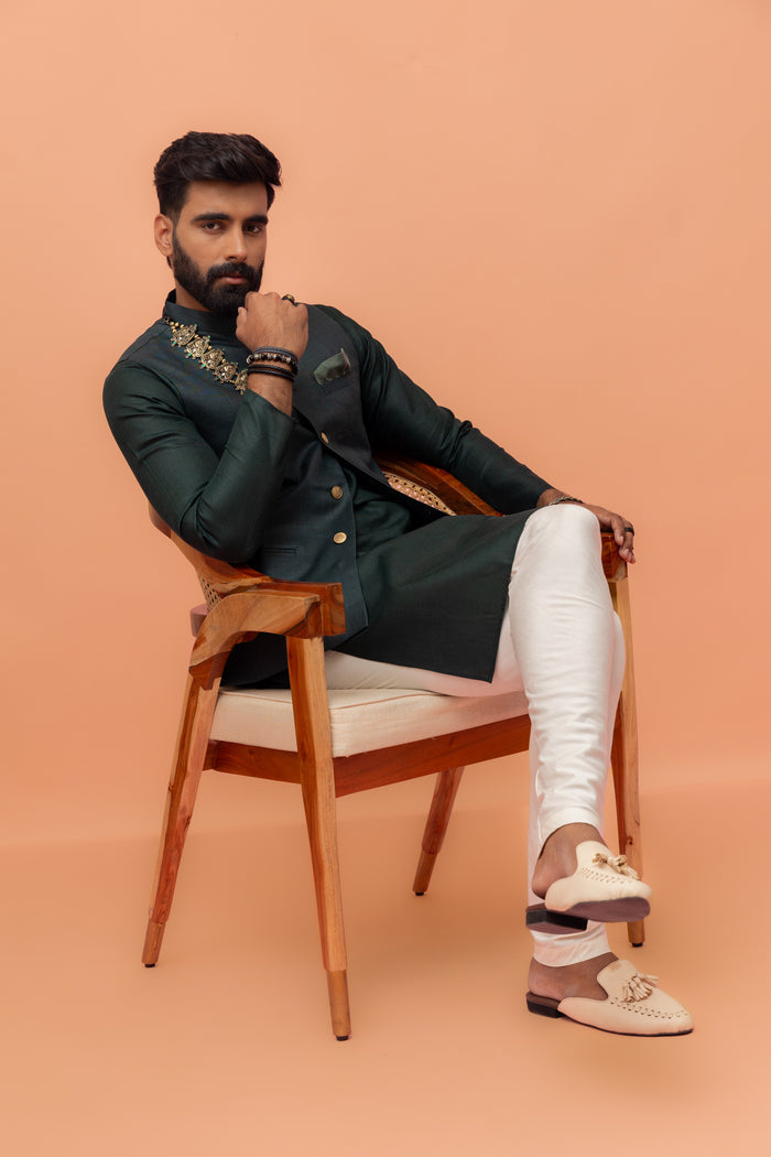 Men Green Solid Nehru Jacket
