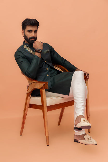 Men Green Solid Nehru Jacket