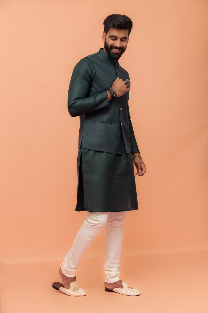 Men Green Solid Nehru Jacket