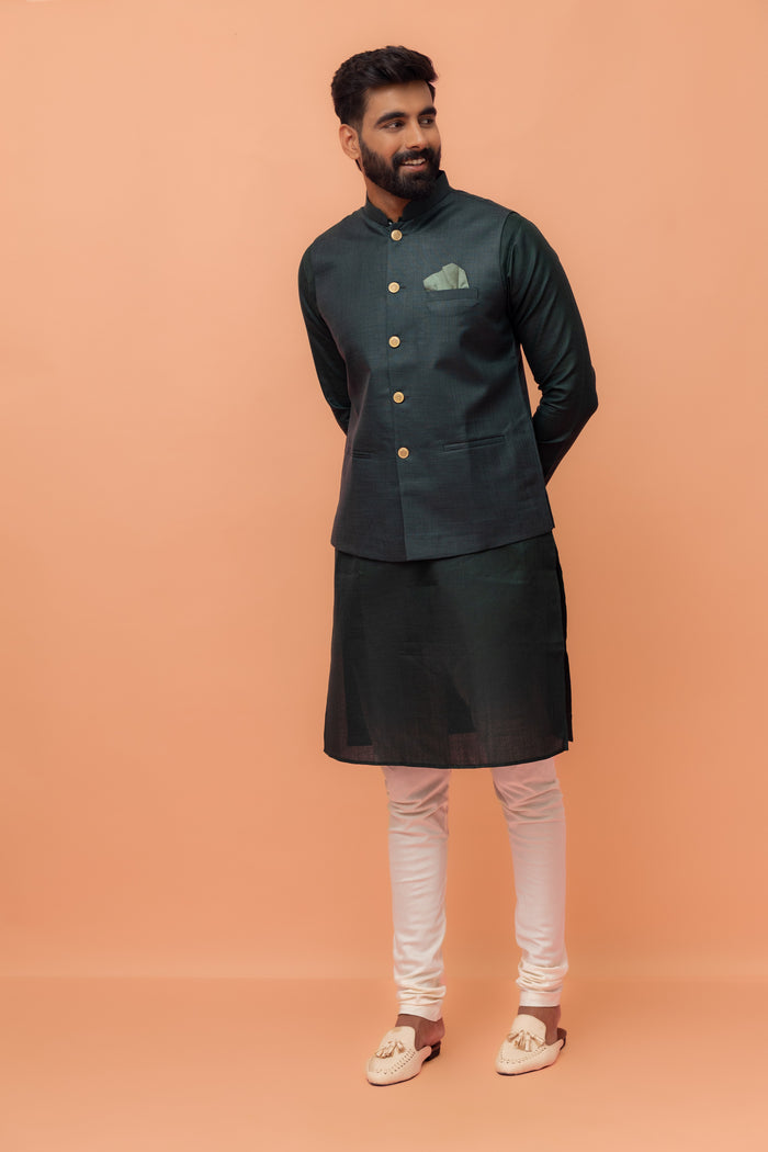 Men Green Solid Nehru Jacket