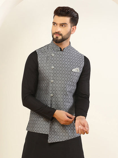 Men Grey Asymmetrical Textured Nehru Jacket