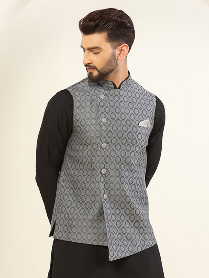 Men Grey Asymmetrical Textured Nehru Jacket