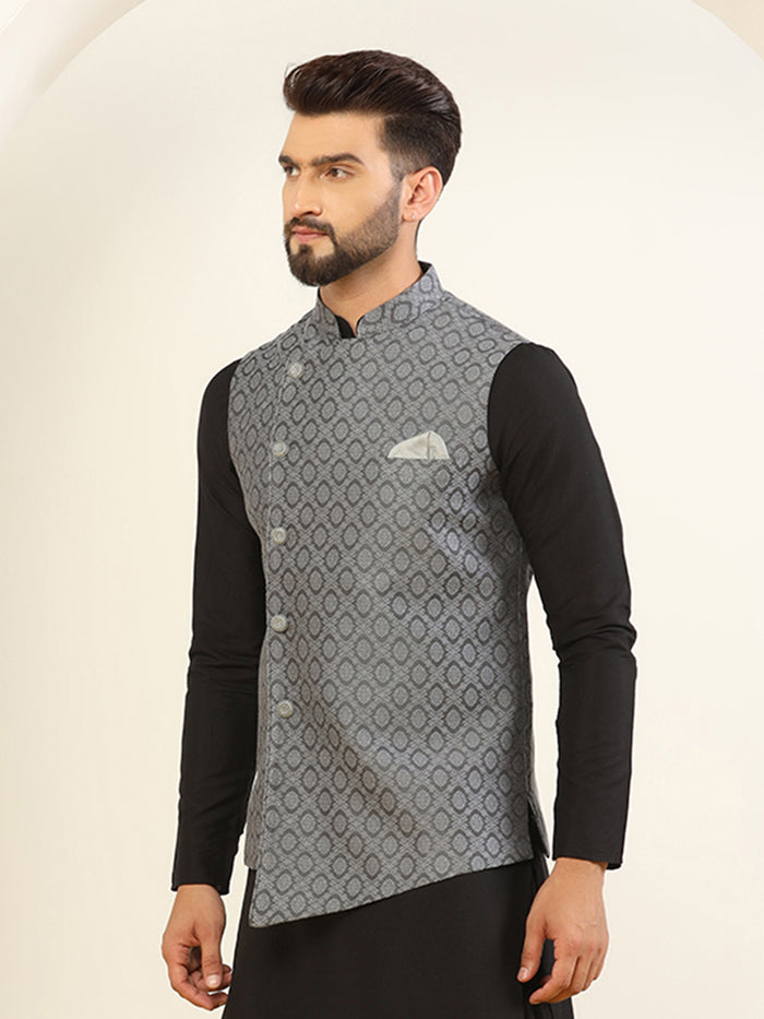 Men Grey Asymmetrical Textured Nehru Jacket