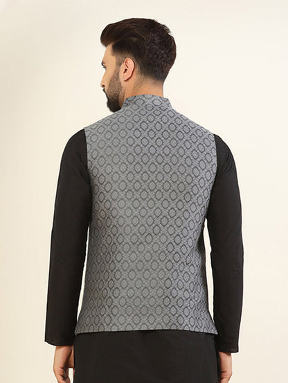 Men Grey Asymmetrical Textured Nehru Jacket