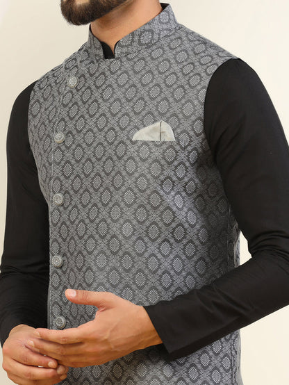 Men Grey Asymmetrical Textured Nehru Jacket