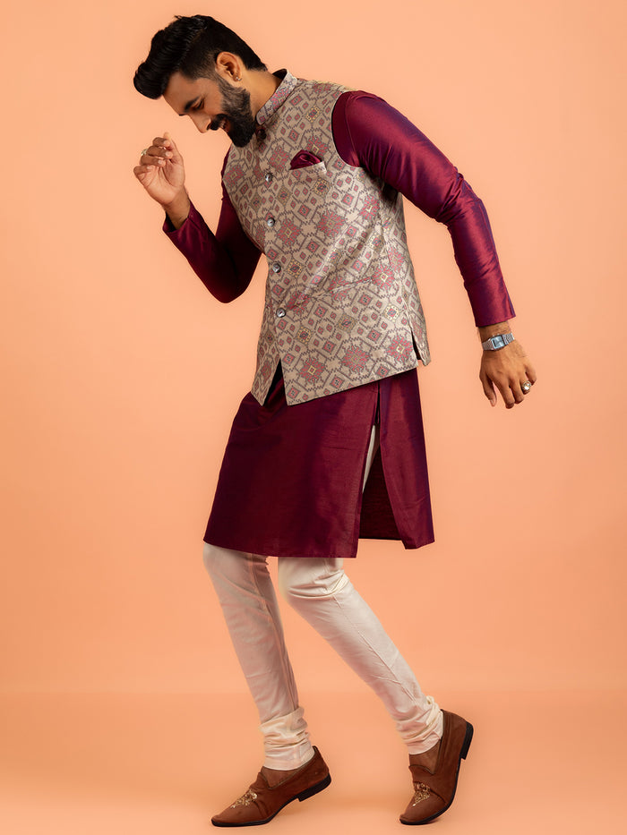 Men Grey Printed Kurta Jacket Churidar Set