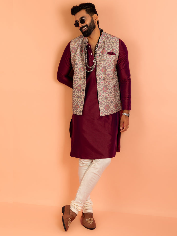 Men Grey Printed Kurta Jacket Churidar Set