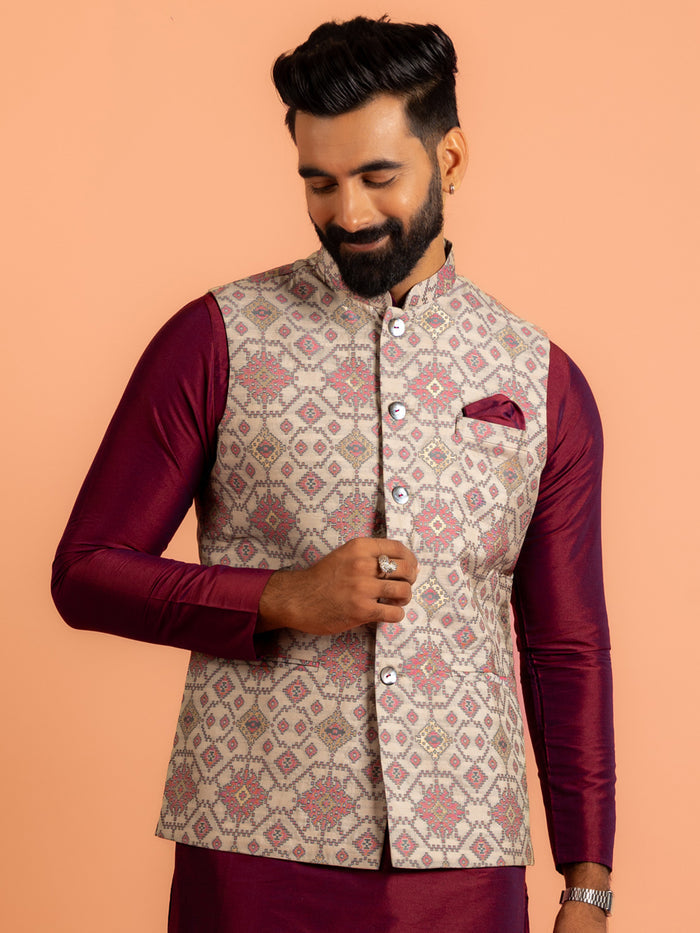 Men Grey Woven Design Nehru Jacket