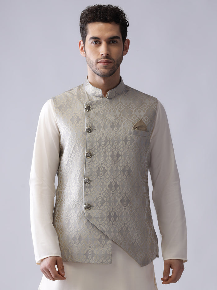 Men Grey Woven Design Nehru Jacket