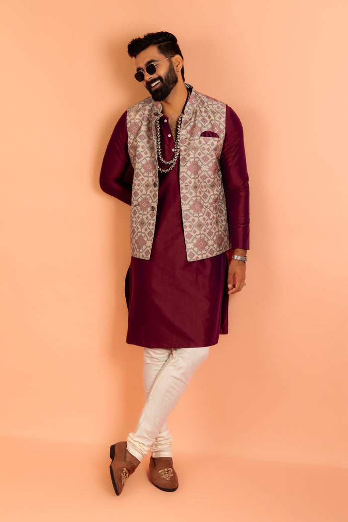 Men Grey Woven Design Nehru Jacket