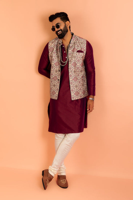 Men Grey Woven Design Nehru Jacket