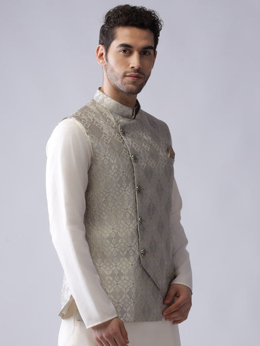 Men Grey Woven Design Nehru Jacket