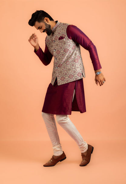 Men Grey Woven Design Nehru Jacket