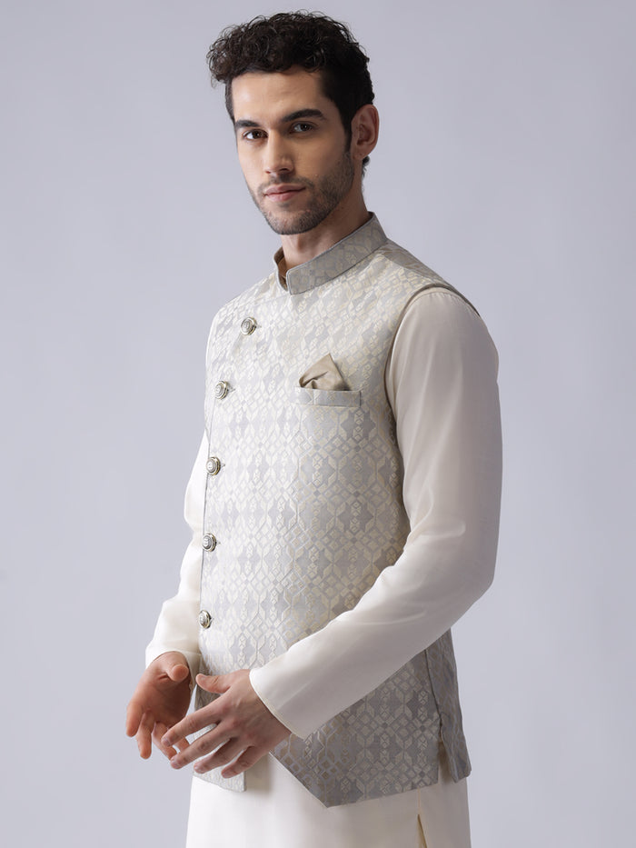 Men Grey Woven Design Nehru Jacket