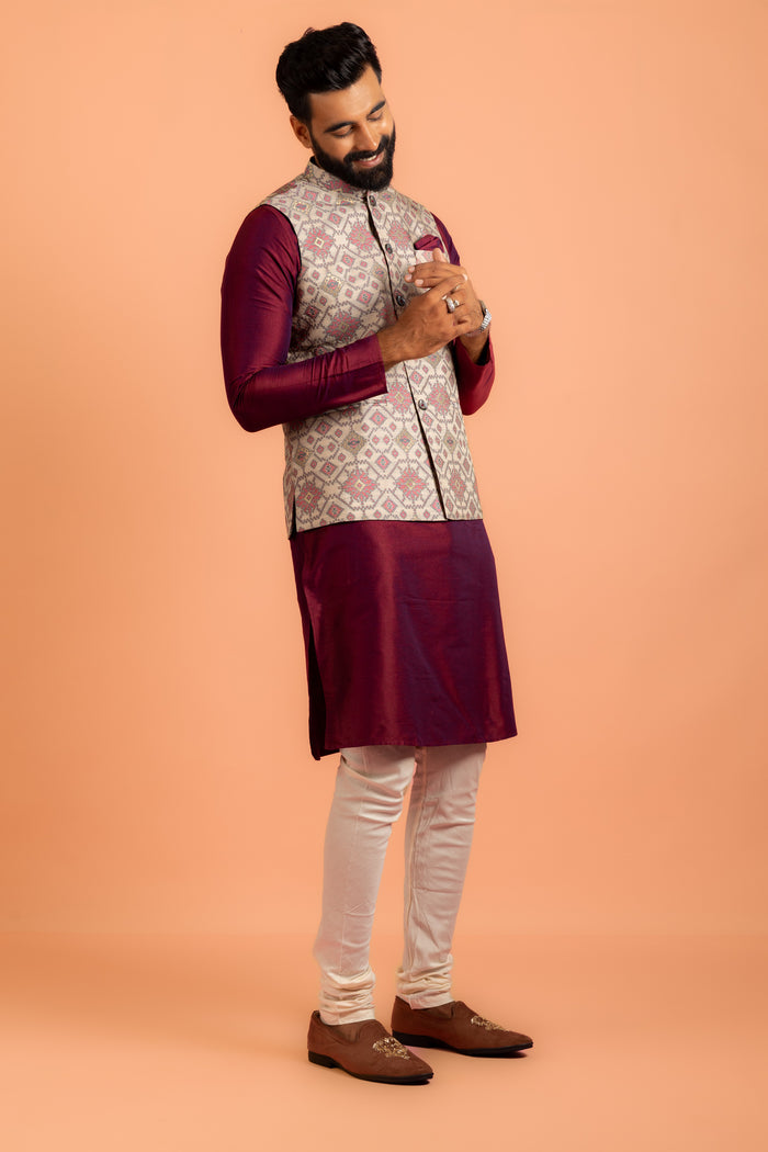 Men Grey Woven Design Nehru Jacket