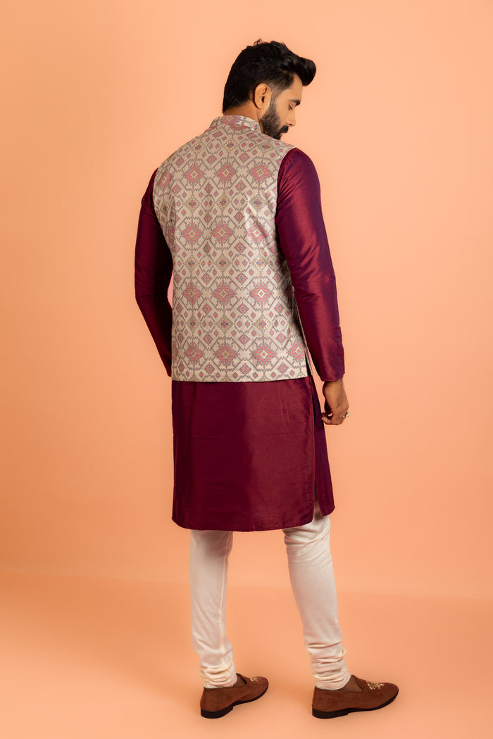 Men Grey Woven Design Nehru Jacket