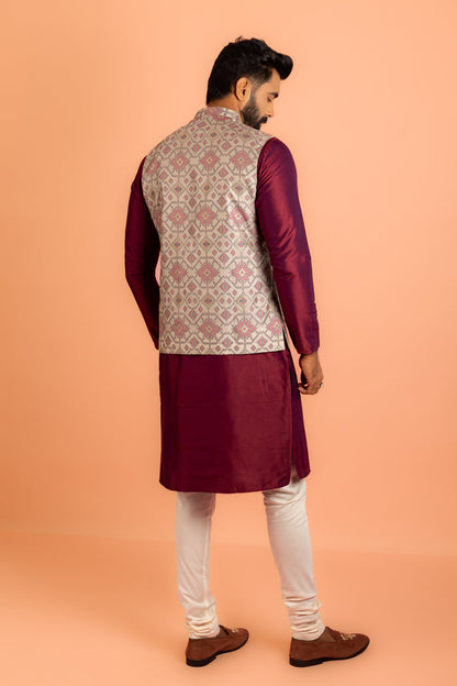 Men Grey Woven Design Nehru Jacket
