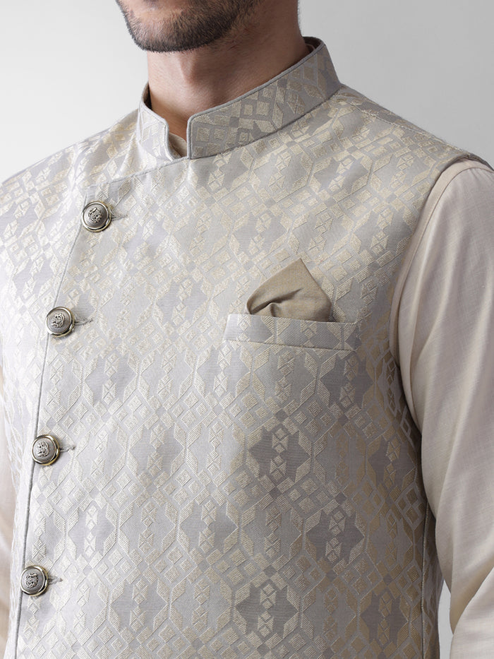 Men Grey Woven Design Nehru Jacket
