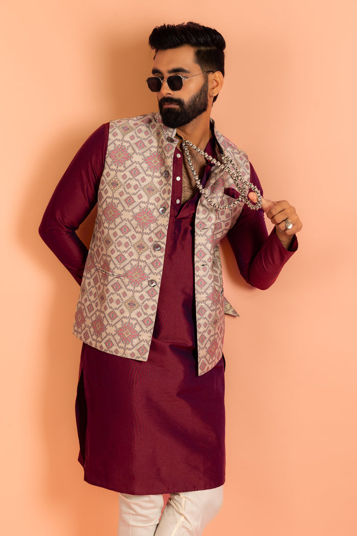 Men Grey Woven Design Nehru Jacket