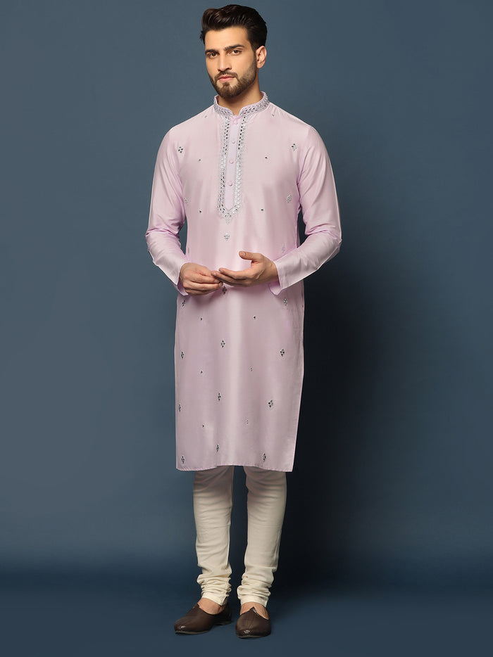 Men Light Pink Mirror Work Elegant Festive Kurta Set with Churidar
