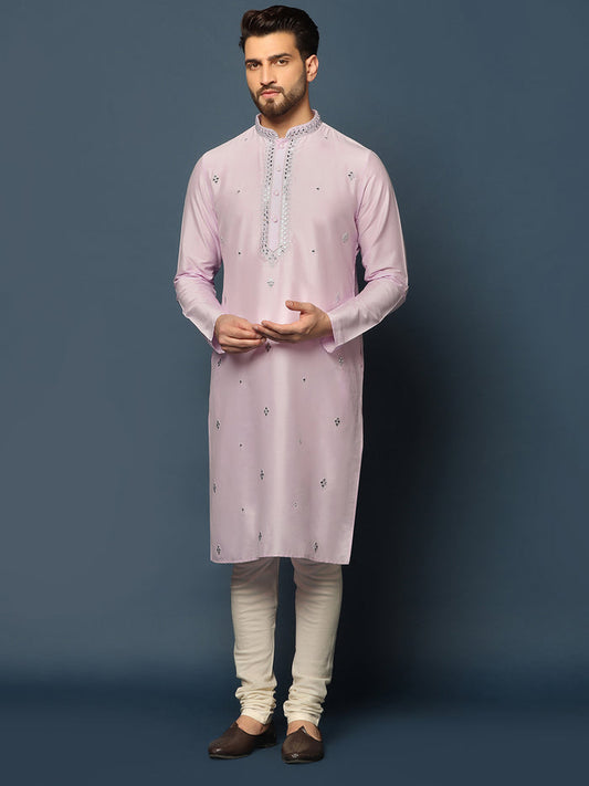 Men Light Pink Mirror Work Elegant Festive Kurta Set with Churidar